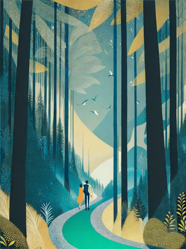 01061-2687316376-a painting of a woman and a man walking through a forest with a sky in the background by Victo Ngai.png